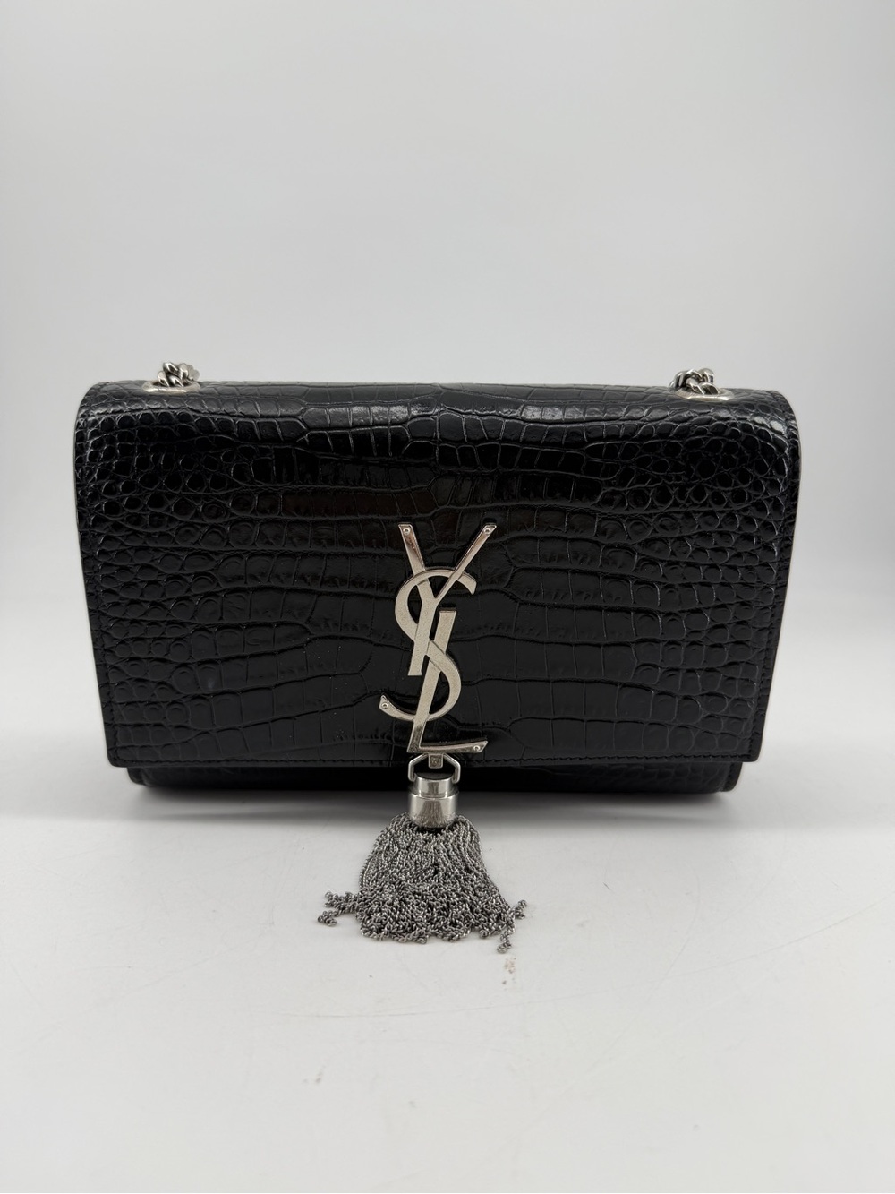 Saint Laurent Kate Monogramme Black Croc-Embossed Leather Bag with Tassel - Picture 2 of 11